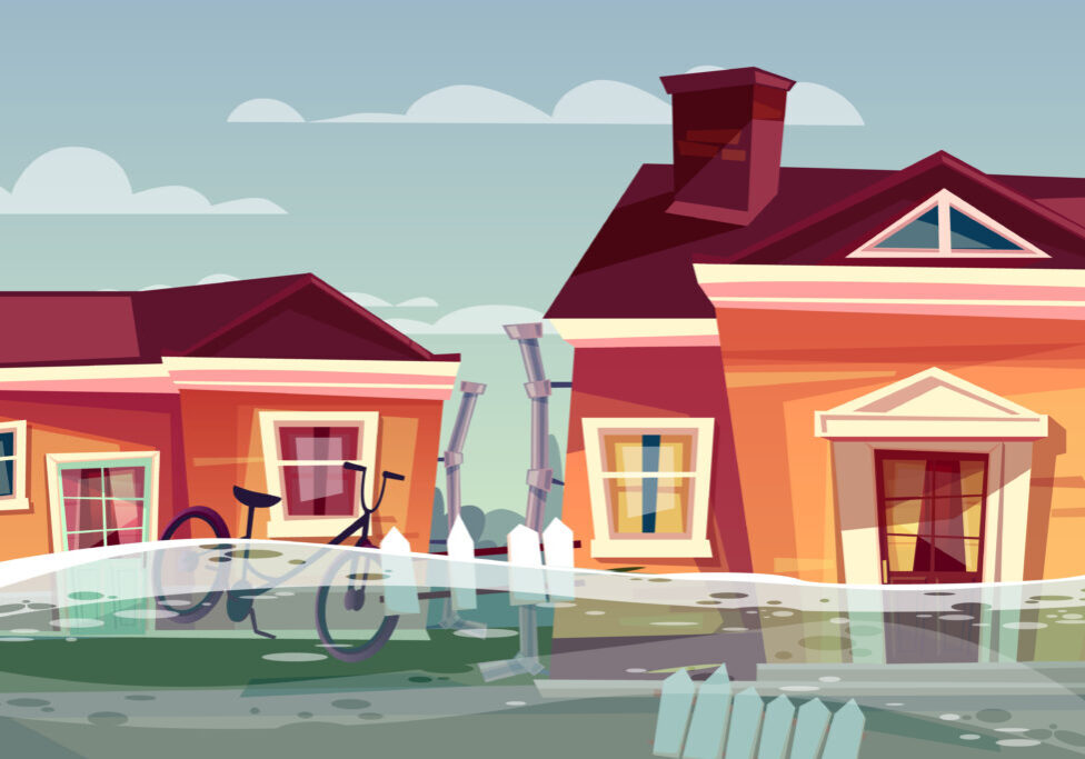 House in flood vector deluge water flow in street flood insurance
